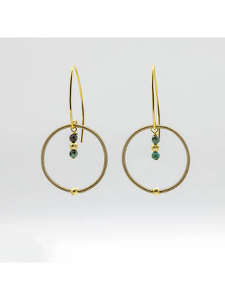 Gold earrings with a piano wire loop and a turquoise and gold bead drop.