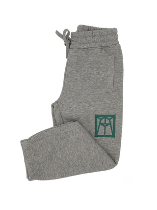 A pair of gray sweatpants, folded, with the Ravinia logo in green on the left leg.