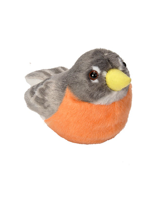 A stuffed toy in the shape of a robin bird, orange and brown.