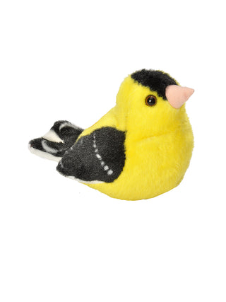 A plush version of an American goldfinch, rendered in black and gold.