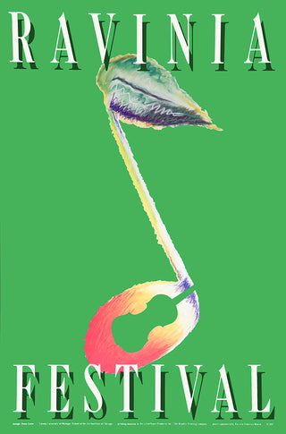 A musical note against a green background, with a violin silhouette in the notehead and a leaf as the note's flag. 