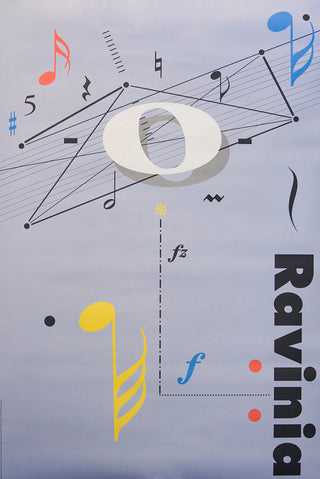 Large red, yellow and blue musical notes on gray, adjacent to a music score with a large white O in it, and the word Ravinia in the lower right corner.