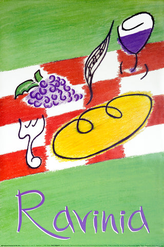 An illustration of a red-and-white checked tablecloth on a lawn with bread, wine and grapes on it, and the word Ravinia under it in purple.
