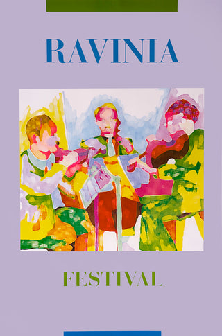 A watercolor-type image of three people playing string instruments, with the word Ravinia above them and the word Festival below them.