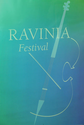 The outline of a cello and bow on a gradient blue and green background with the words Ravinia Festival.