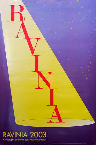 A dark blue starry night background with a yellow diagonal spotligh, and the word RAVINIA in large red letters in the spotlight.