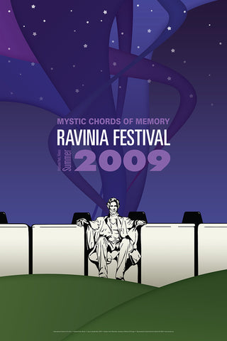 An illustration of Abraham Lincoln sitting under a purple, star-filled sky with the words Mystic Chords of Memory, Ravinia Festival Summer 2009 above him.