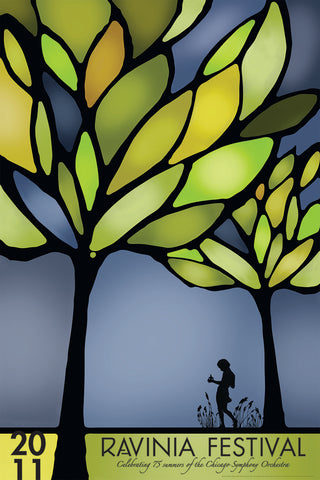 A small silhouetted figure stands under two giant green and yellow trees that look like they are made of stained glass, with the words 2011 Ravinia Festival at the bottom.