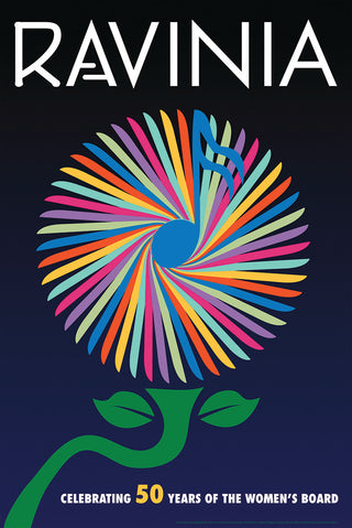 A brightly colored flower design with a musical note in its center, the word Ravinia above, and the words Celebrating 50 years of the Women's Board below.