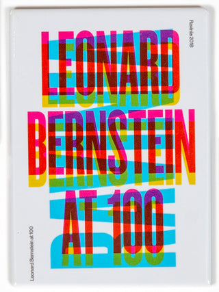 Large text reads, Leonard Bernstein at 100 in purple, green and blue.