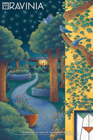 The inviting path leading to the glowing music pavilion, with the Martin Theatre and one of its stained-glass windows in the foreground. Plant holders rich with flowers and lush trees line the path, while three bluebirds watch over the scene.