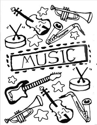 Drawings of musical instruments surrounding the word Music.