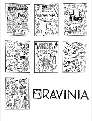Seven different panels of black and while images to be colored, from the Martin Theatre to the lawn at Ravinia during a show.