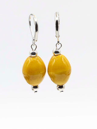 Yellow porcelain beads dangling from wire loops.