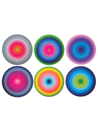 Six plates facing forward, all with a different, brightly colored concentric circular pattern.
