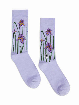 Light purple socks adorned with iris flowers.