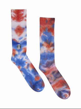 Tied-dyed socks with red, white and blue colors.