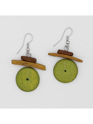 These  olive green and natural wood disc earrings hang from a silver-plated French hook.