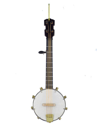 A realistic ornament made of wood, brass and metal, depicting a banjo., with a cord at the top for hanging.