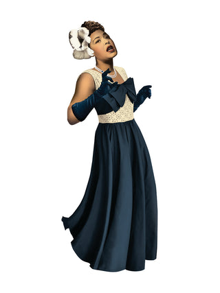 A die-cut card of Billie Holiday singing, with a blue dress and gloves on and a flower in her hair.