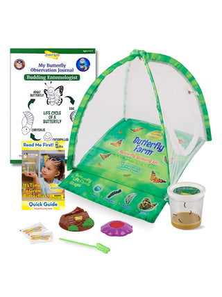 A butterfly farm with netting and a green base, and next to it a guide, a journal, a container with caterpillars in it, and tools.