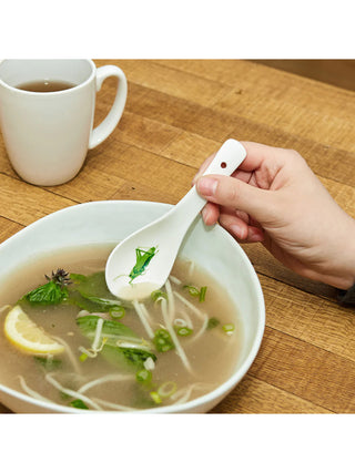 A white ceramic spoon with a grasshopper on it dipping into a bowl of vegetable and noodle soup.