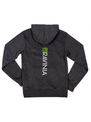 The back of a gray hoodie with the Ravinia logo in green and the word RAVINIA in white running down its center.