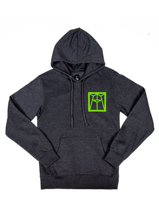 A gray hoodie, laid flat, with the Ravinia logo in green on the right side of the chest (from the viewer's perspective)