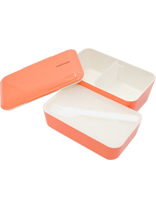 A coral-colored rectangular box, open, with the lid on the left and the two white interior sections on the right. The section at the top has a spacer in the middle, and the one at the bottom has a white plastic fork in it.
