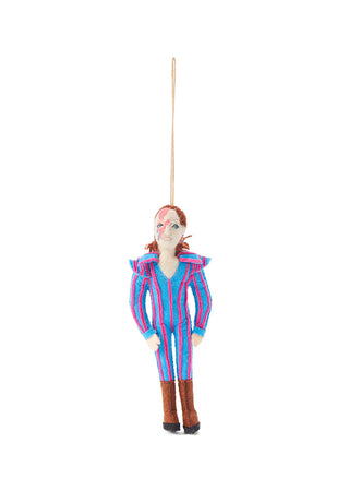 A holiday ornament depicting David Bowie's Ziggy Stardust character.
