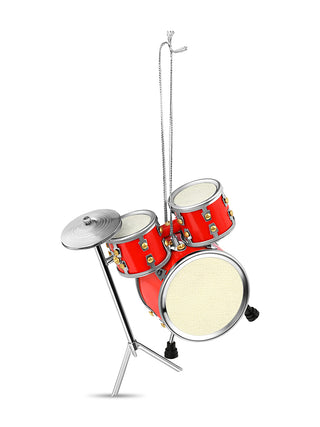 An ornament that looks exactly like a red drum set, complete with cymbals and a silver cord for hanging.