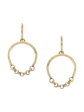 Brass earrings with a lightly hammered arch with chain attached below.