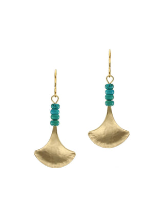 Brass earrings in the shade of ginkgo leaves, with four tiny turquoise beads above each leaf.