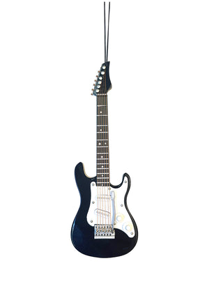 An ornament that looks exactly like a black electric guitar, with a cord for hanging.