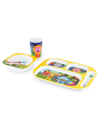 A bowl , cup, and tray with spoon, all with a jungle animal theme.