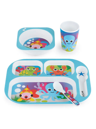 A cup, bowl and tray with spoon, all in a happy  sea creatures design.