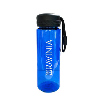 Blue water bottle with Ravinia logo in white on its side.