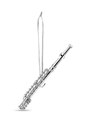 An ornament that looks exactly like a silver flute, with a cord for hanging