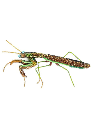 A brooch in the form of a mantis, with green legs and blue eyes.