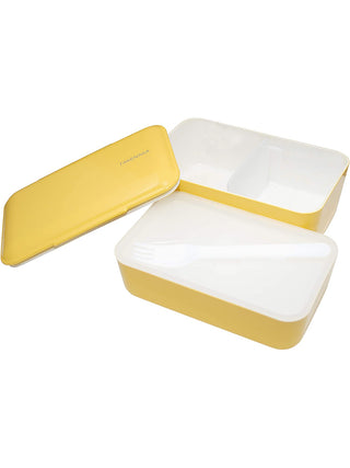 A lemon-colored rectangular box, open, with the lid on the left and the two white interior sections on the right. The section at the top has a spacer in the middle, and the one at the bottom has a white plastic fork in it.