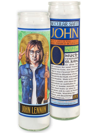 A votive candle shown both front and back, with an image of John Lennon giving the peace sign on the front and the story of his secular sainthood on the back.