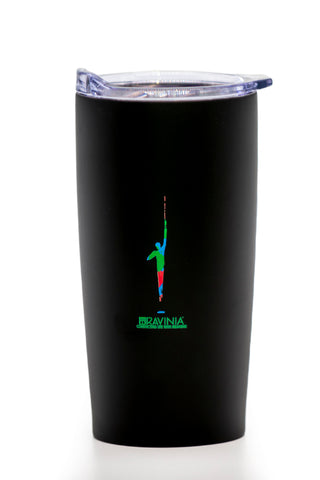 A black tumbler with a multicolored image of Leonard Bernstein conducting, with the Ravinia logo in green beneath it.