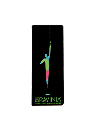 A black rectangular pin with a blue, green and pink figure raising a conducting baton.