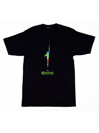 A flat black t-shirt with the image of a green, blue and red conductor reaching skyward with his baton.