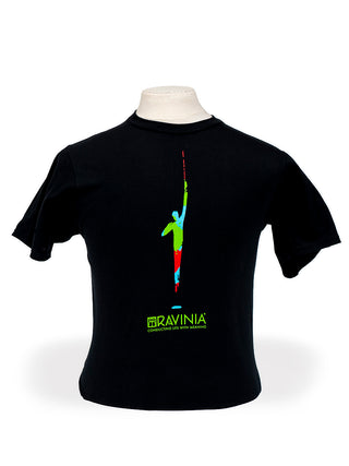 A black t-shirt on a torso form with the image of a green, blue and red conductor reaching skyward with his baton.