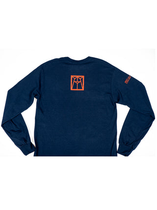 The back of a long-sleeve navy t-shirt with a reddish-orange Ravinia logo on the back.