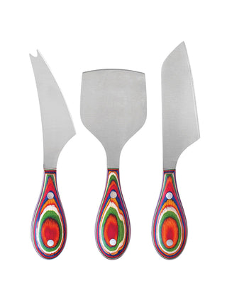 Three differently shaped cheese knives with vibrantly colored handles.