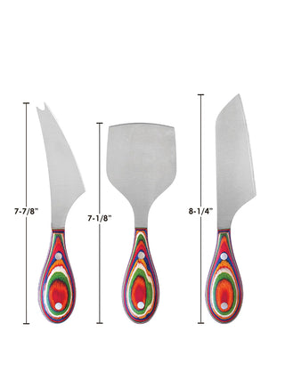 Three differently shaped cheese knives with vibrantly colored handles, and measurements for each..