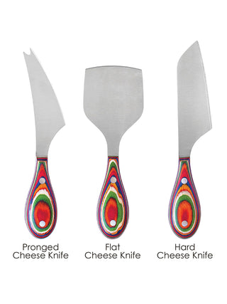 Three differently shaped cheese knives with vibrantly colored handles and descriptions of each knife type below.