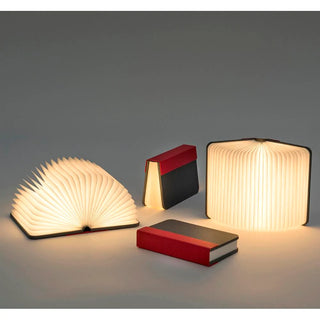 The book-like lamp styled a variety of ways, open and closed, lit and unlit.